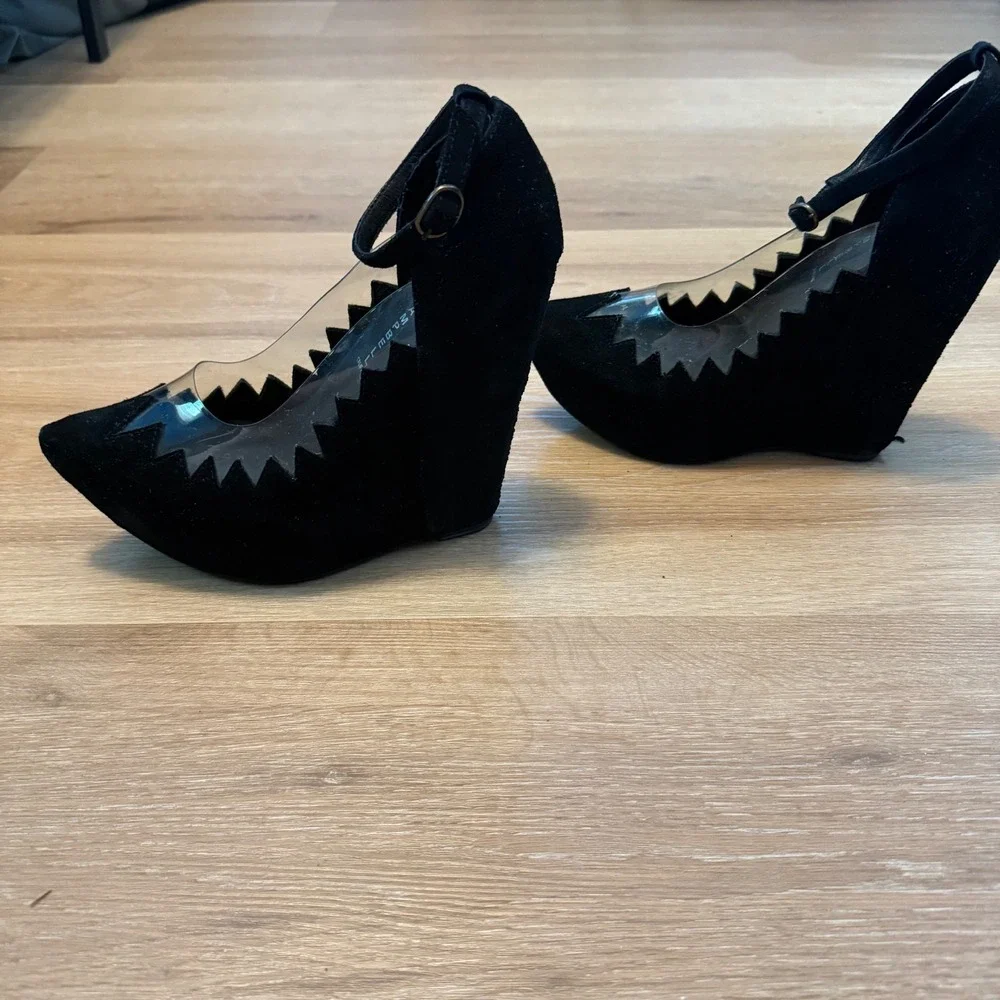 Jeffrey Campbell Wedge Heels 8 Handmade Havana Black Suede Platform ZigZag Clear